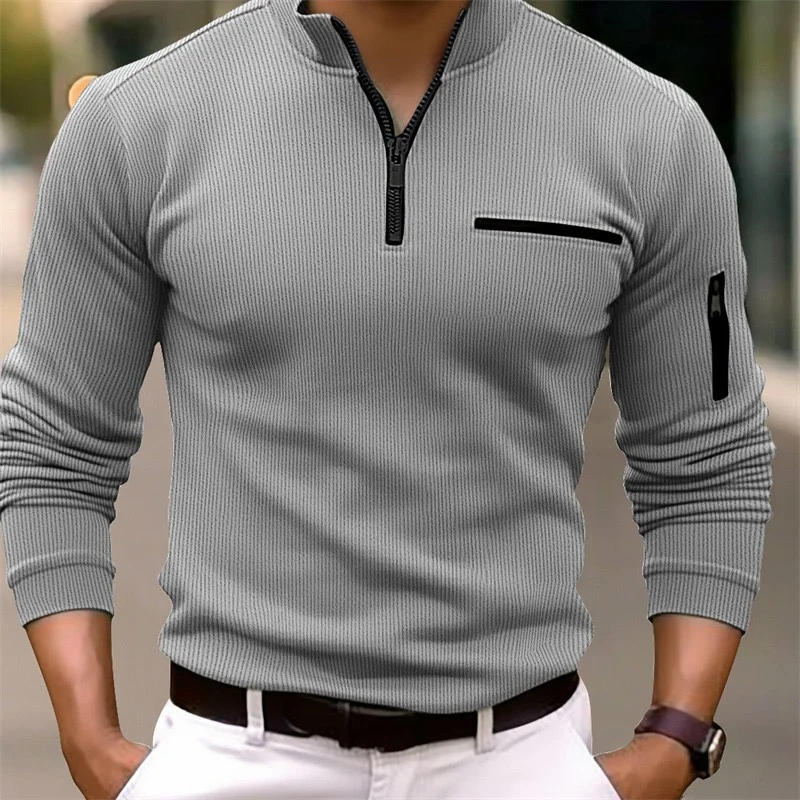 Men's new spring and autumn long-sleeved striped POLO shirt zipper collar retro style sports outdoor leisure light polo shirt - Image 2
