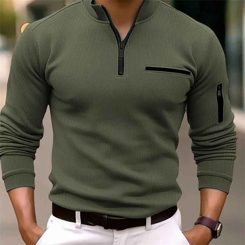 Men's new spring and autumn long-sleeved striped POLO shirt zipper collar retro style sports outdoor leisure light polo shirt - Image 3