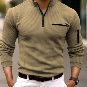 Men's new spring and autumn long-sleeved striped POLO shirt zipper collar retro style sports outdoor leisure light polo shirt