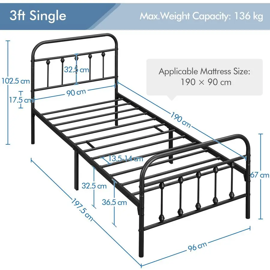Metal Bed Frame 3ft Single Vintage Iron Platform Bed with High Headboard and Footboard,Black - Image 2