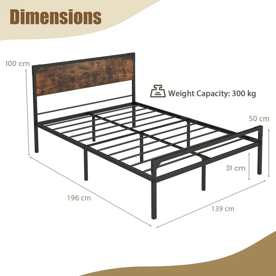 Metal Bed Frame, 4FT6 5FT Heavy Duty Platform Bed with Wooden Headboard amp Underbed Storage, Double King Size Slat Support Mat - Image 2