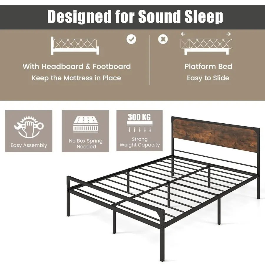 Metal Bed Frame, 4FT6 5FT Heavy Duty Platform Bed with Wooden Headboard amp Underbed Storage, Double King Size Slat Support Mat - Image 4