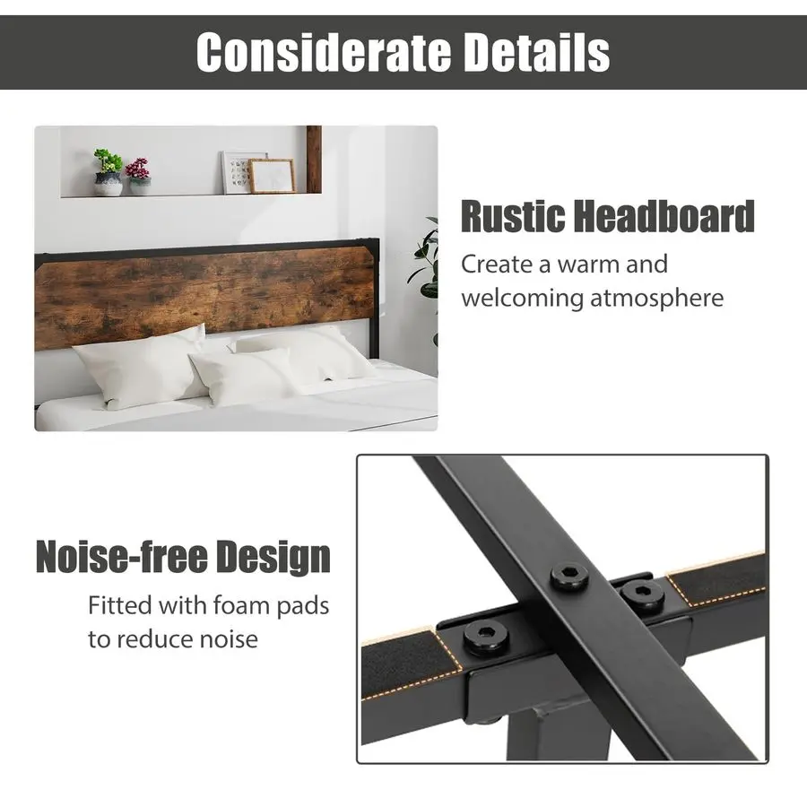 Metal Bed Frame, 4FT6 5FT Heavy Duty Platform Bed with Wooden Headboard amp Underbed Storage, Double King Size Slat Support Mat - Image 3