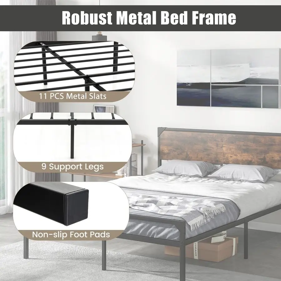 Metal Bed Frame, 4FT6 5FT Heavy Duty Platform Bed with Wooden Headboard amp Underbed Storage, Double King Size Slat Support Mat - Image 5