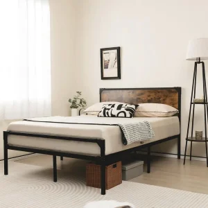 Metal Bed Frame, 4FT6 5FT Heavy Duty Platform Bed with Wooden Headboard amp Underbed Storage, Double King Size Slat Support Mat