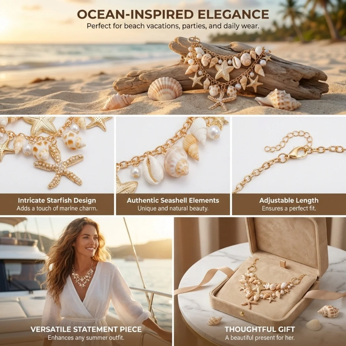 Metal Starfish Imitation Conch Shell Pearl Necklace Bracelet Waist Chain Set For Women Men Sea Star Beach Vacation Jewelry Set - Image 4