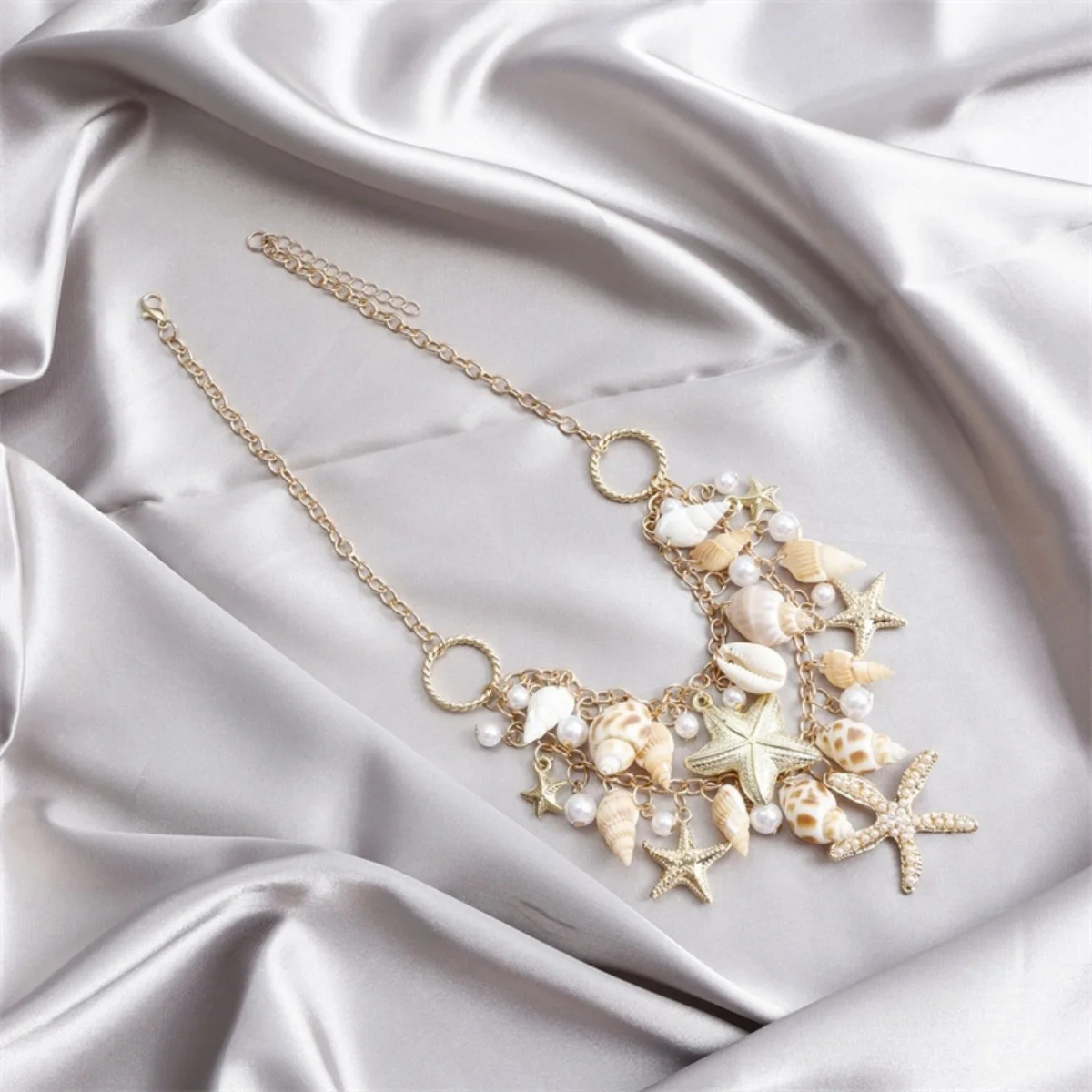 Metal Starfish Imitation Conch Shell Pearl Necklace Bracelet Waist Chain Set For Women Men Sea Star Beach Vacation Jewelry Set - Image 5