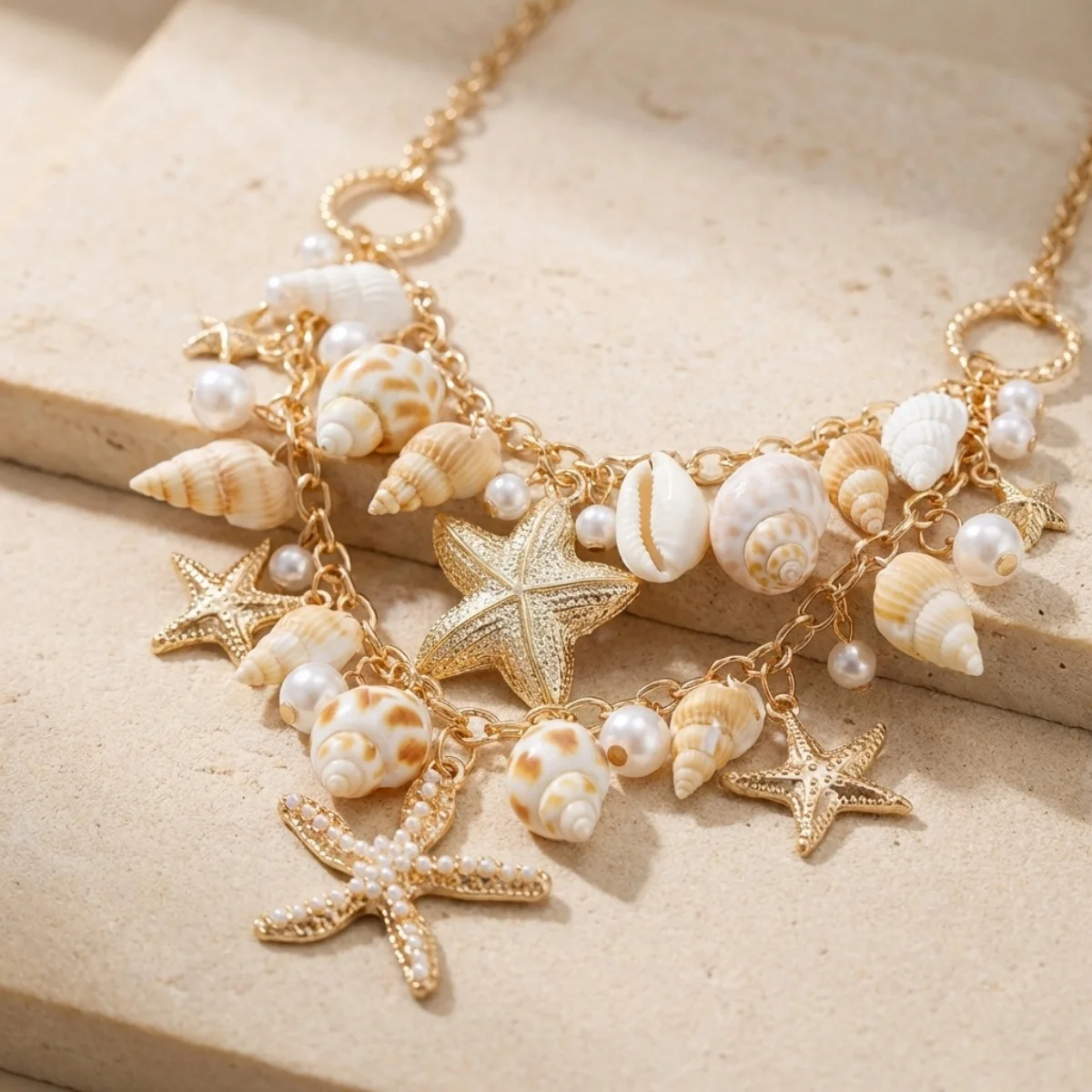 Metal Starfish Imitation Conch Shell Pearl Necklace Bracelet Waist Chain Set For Women Men Sea Star Beach Vacation Jewelry Set - Image 3