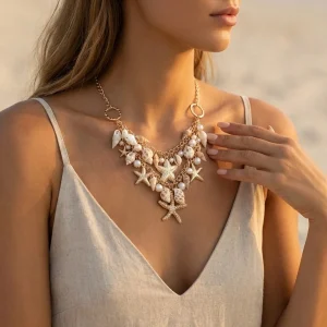 Metal Starfish Imitation Conch Shell Pearl Necklace Bracelet Waist Chain Set For Women Men Sea Star Beach Vacation Jewelry Set