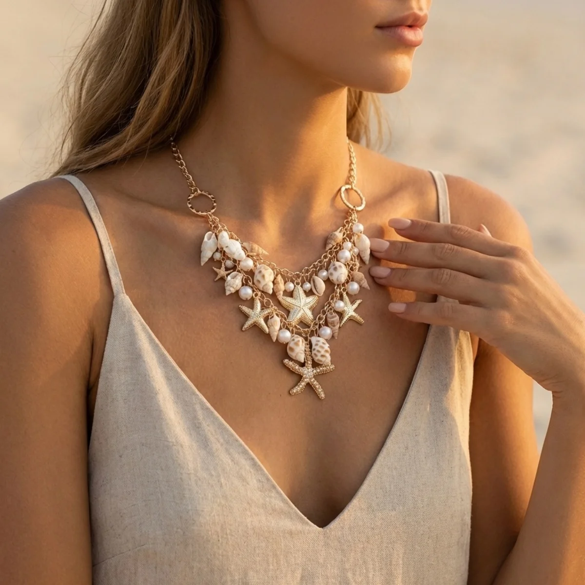 Metal Starfish Imitation Conch Shell Pearl Necklace Bracelet Waist Chain Set For Women Men Sea Star Beach Vacation Jewelry Set