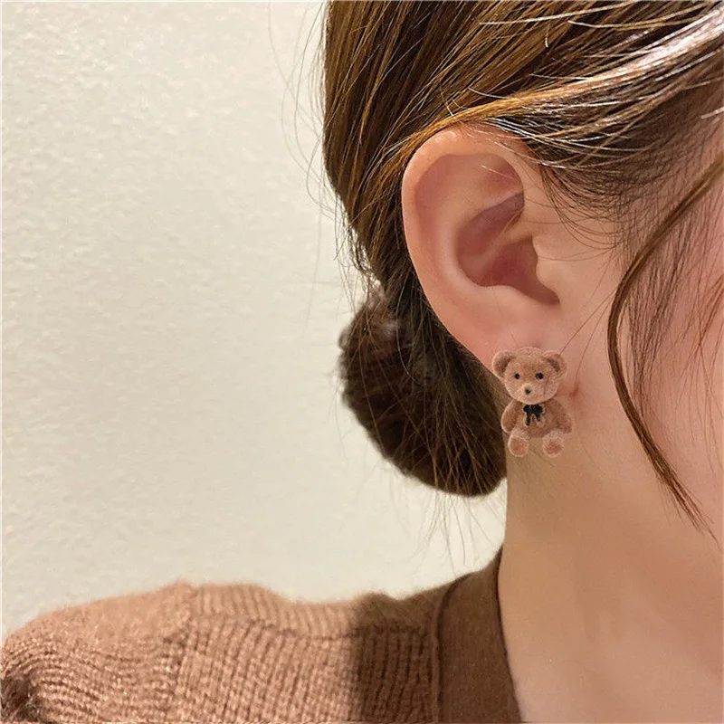 New Design Cute Flocking Plush Rabbit Stud Earrings for Women Korean Fashion Brown Animal Bear Earring Jewelry Party Girls Gift - Image 4