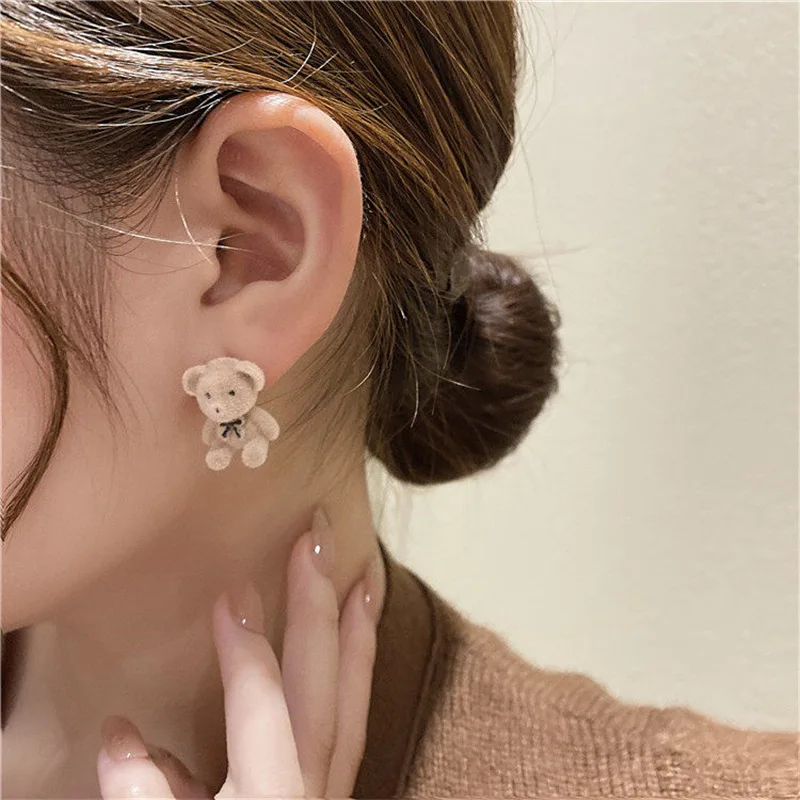New Design Cute Flocking Plush Rabbit Stud Earrings for Women Korean Fashion Brown Animal Bear Earring Jewelry Party Girls Gift - Image 3