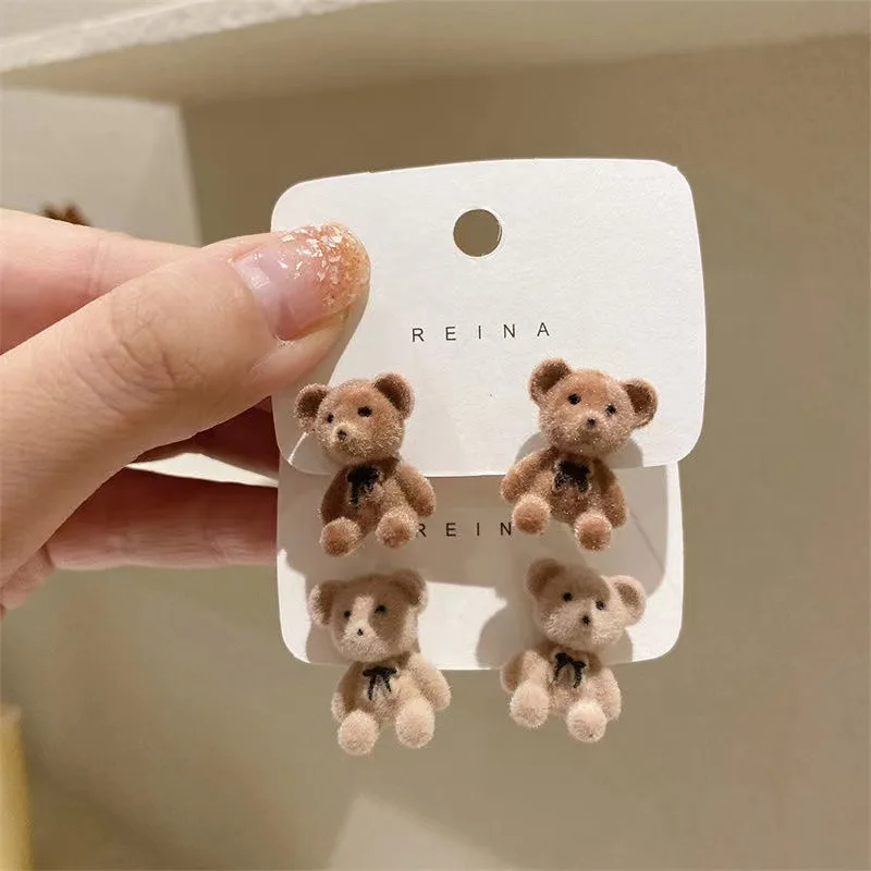 New Design Cute Flocking Plush Rabbit Stud Earrings for Women Korean Fashion Brown Animal Bear Earring Jewelry Party Girls Gift - Image 5