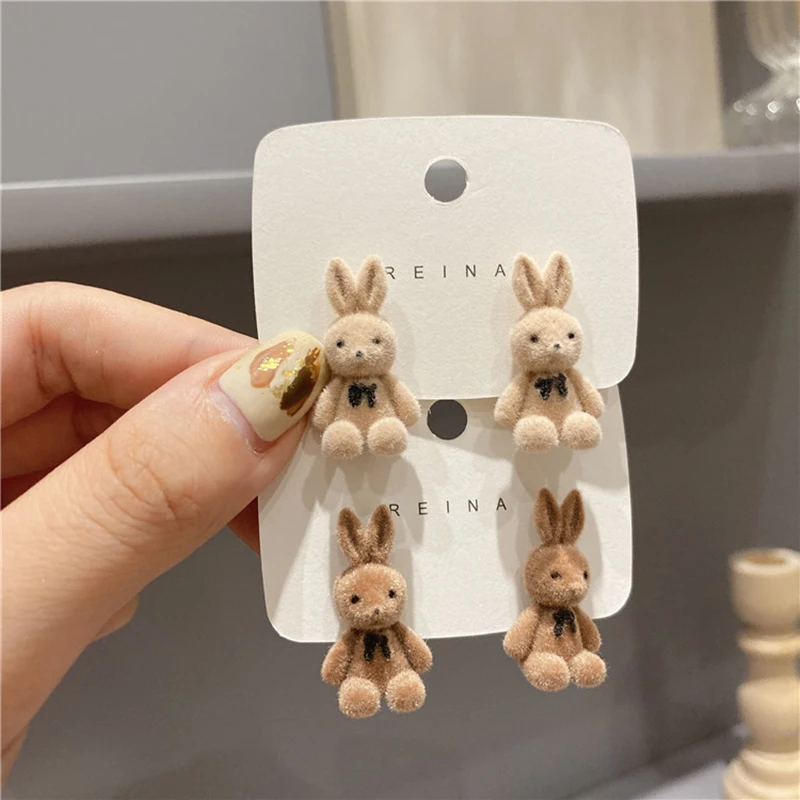 New Design Cute Flocking Plush Rabbit Stud Earrings for Women Korean Fashion Brown Animal Bear Earring Jewelry Party Girls Gift - Image 6