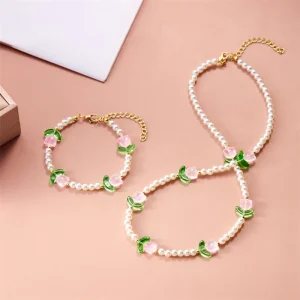 New Fashion Sweet Tulip Flower Necklace Bracelet Set For Women Elegant Pearl Clavicle Chain Necklace Party Jewelry Gift