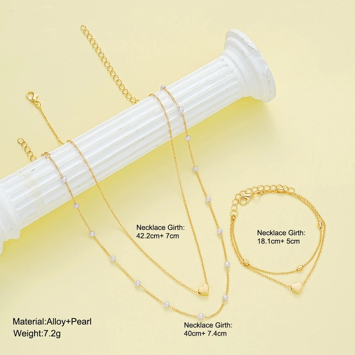 New Imitation Pearl Heart Jewelry Set For Women Fashion Gold Silver Color Round Beads Necklace Bracelet Daily Wear Accessories - Image 2