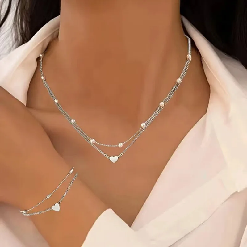 New Imitation Pearl Heart Jewelry Set For Women Fashion Gold Silver Color Round Beads Necklace Bracelet Daily Wear Accessories - Image 3