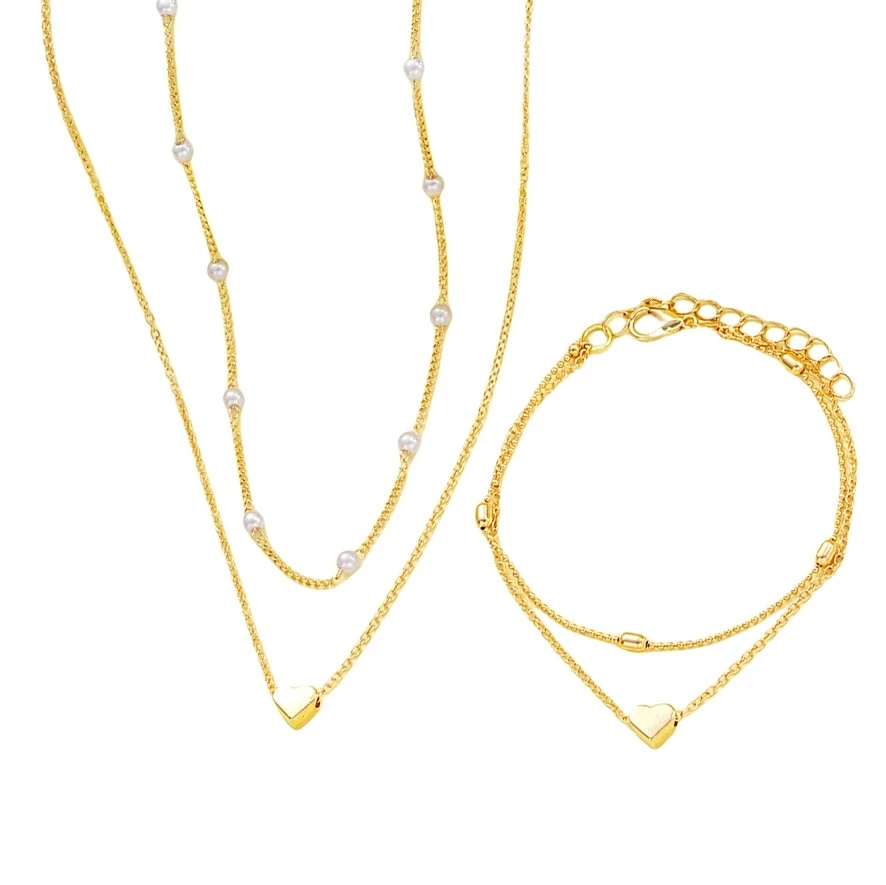 New Imitation Pearl Heart Jewelry Set For Women Fashion Gold Silver Color Round Beads Necklace Bracelet Daily Wear Accessories - Image 6