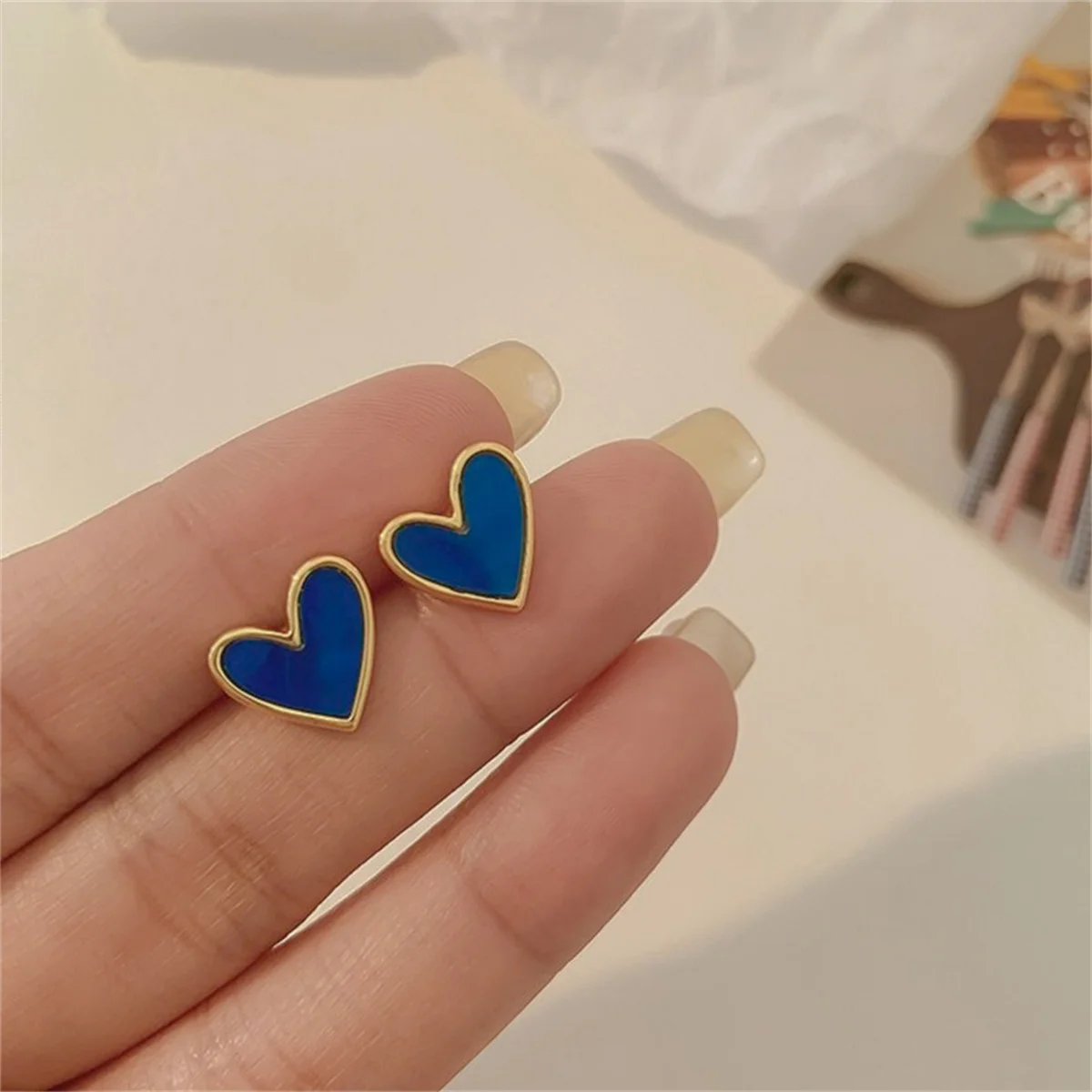 New Korean Sweet Cute Heart Stud Earrings for Women Girl Fashion Blue Glaze Aesthetic Geometric Earrings Minimalist Jewelry Gift - Image 2