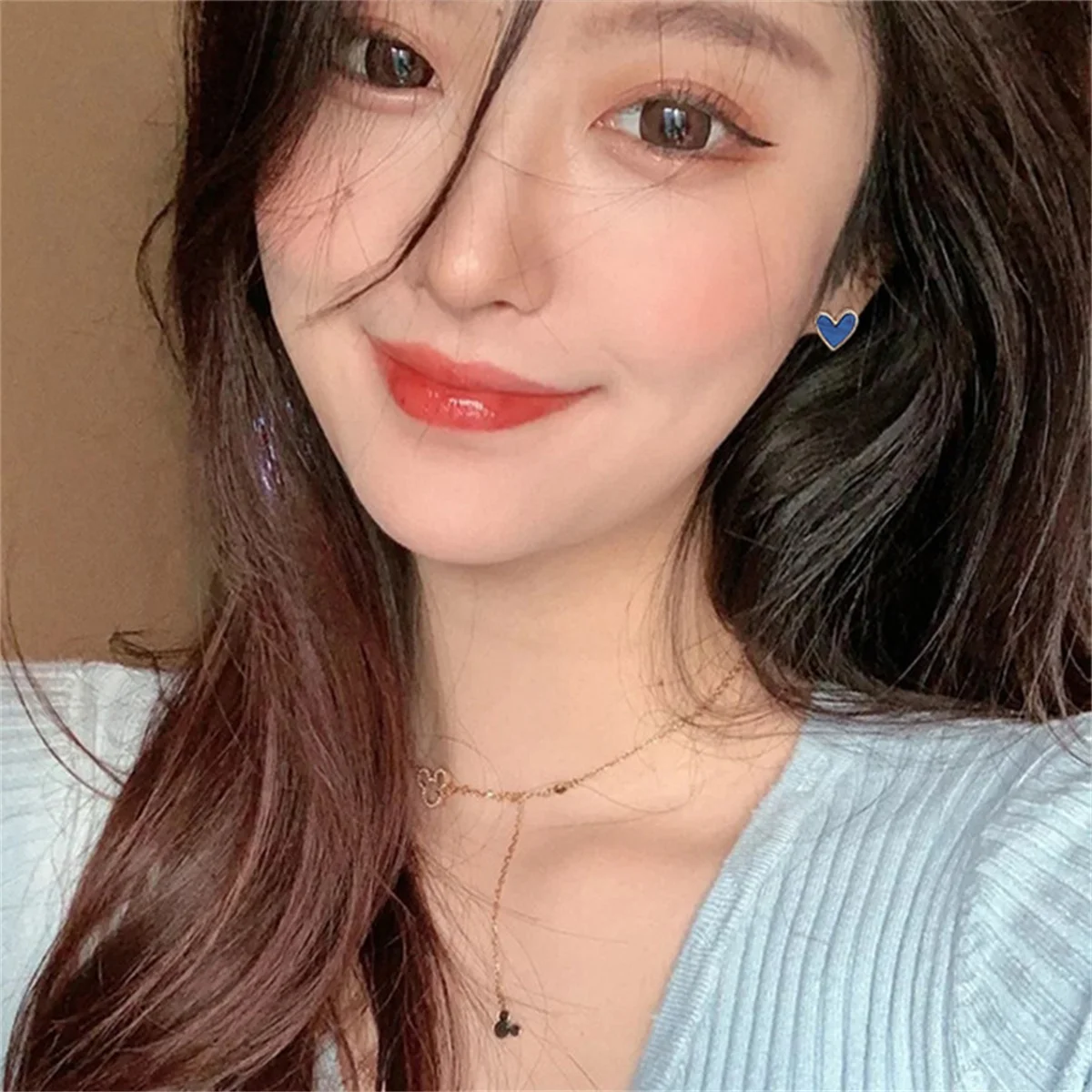 New Korean Sweet Cute Heart Stud Earrings for Women Girl Fashion Blue Glaze Aesthetic Geometric Earrings Minimalist Jewelry Gift - Image 3
