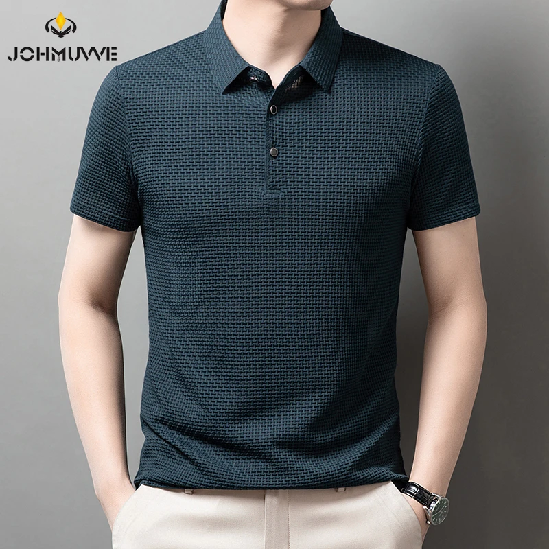 New Men's Checkered Short Sleeved Solid Color POLO Shirt Breathable and Comfortable Elastic Top - Image 2