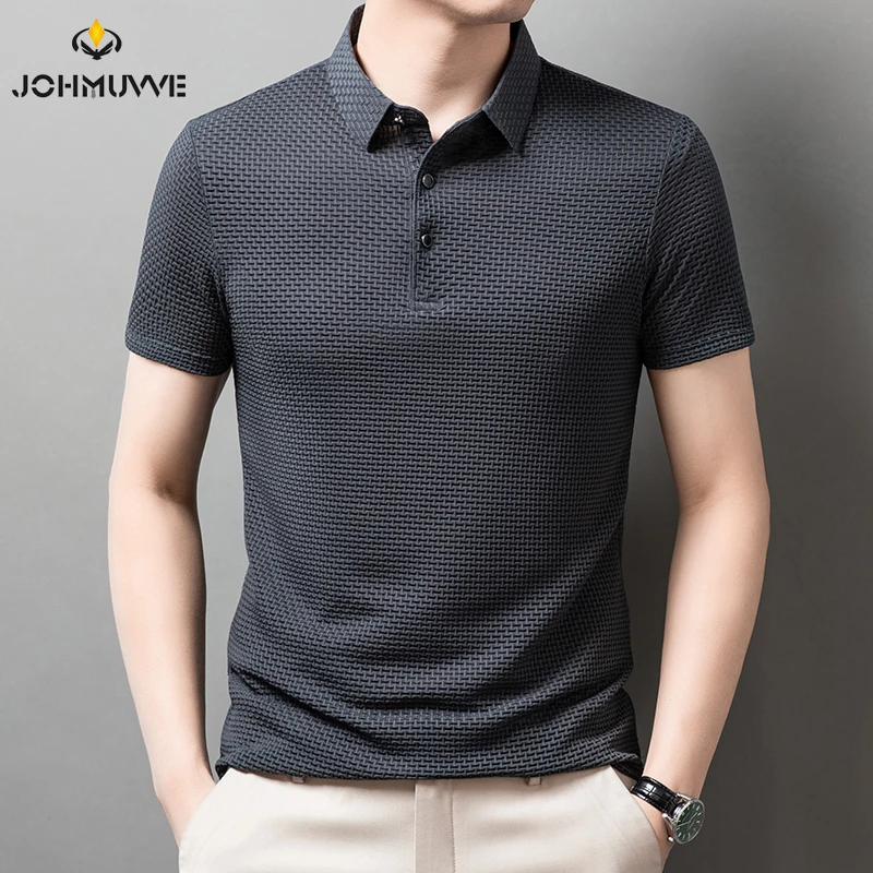 New Men's Checkered Short Sleeved Solid Color POLO Shirt Breathable and Comfortable Elastic Top - Image 4