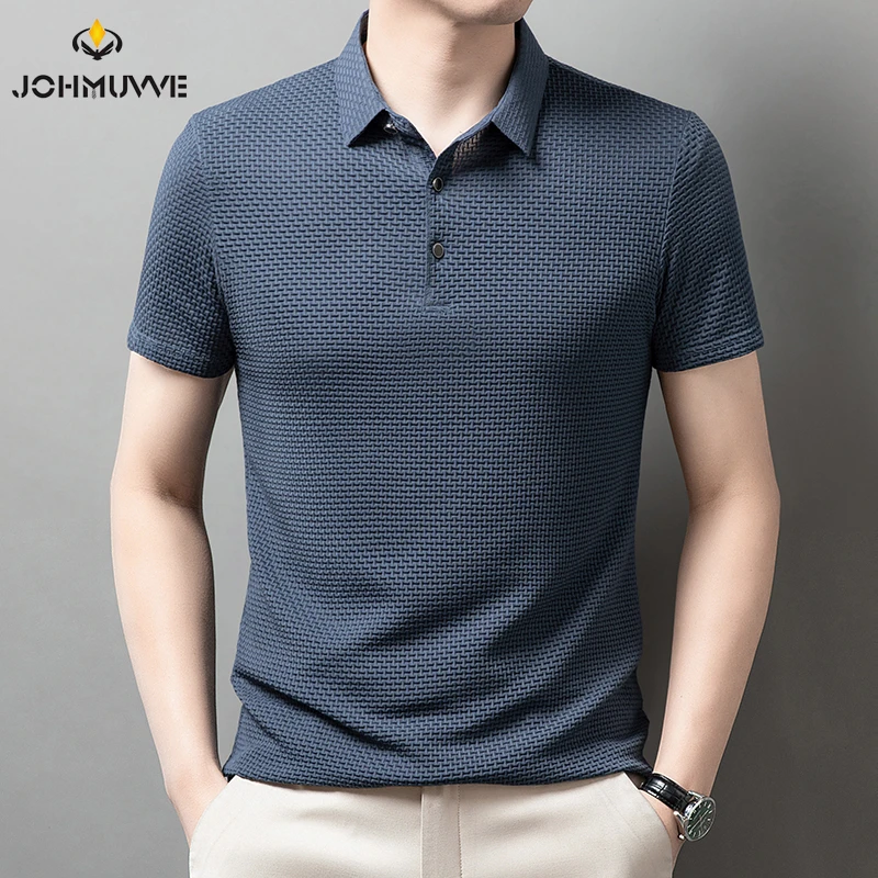 New Men's Checkered Short Sleeved Solid Color POLO Shirt Breathable and Comfortable Elastic Top - Image 3