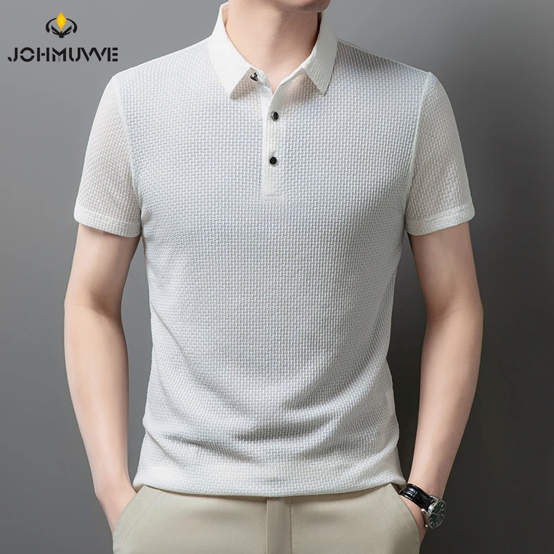New Men's Checkered Short Sleeved Solid Color POLO Shirt Breathable and Comfortable Elastic Top - Image 5