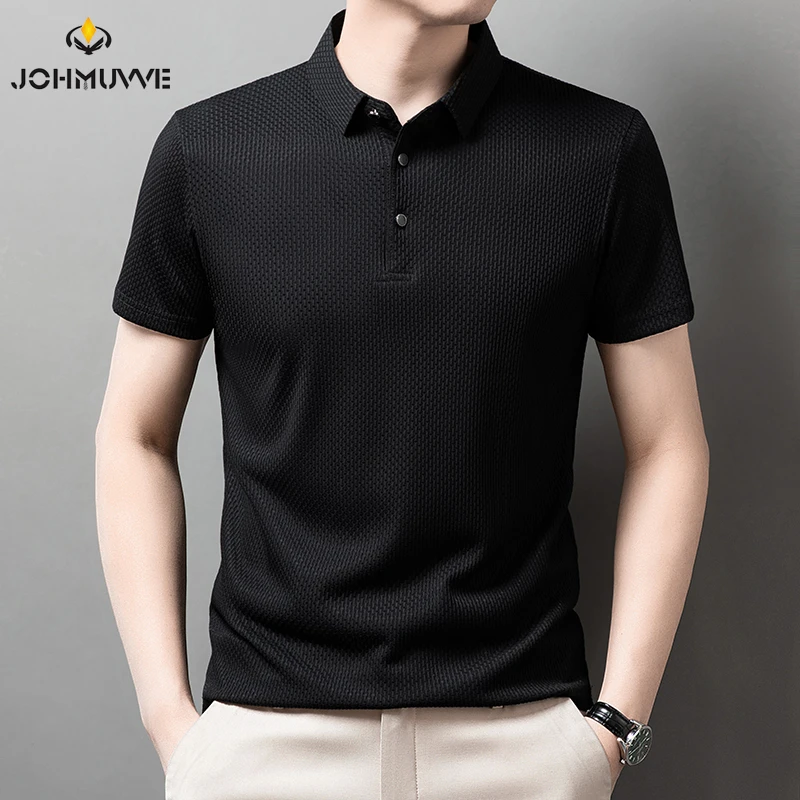 New Men's Checkered Short Sleeved Solid Color POLO Shirt Breathable and Comfortable Elastic Top - Image 6