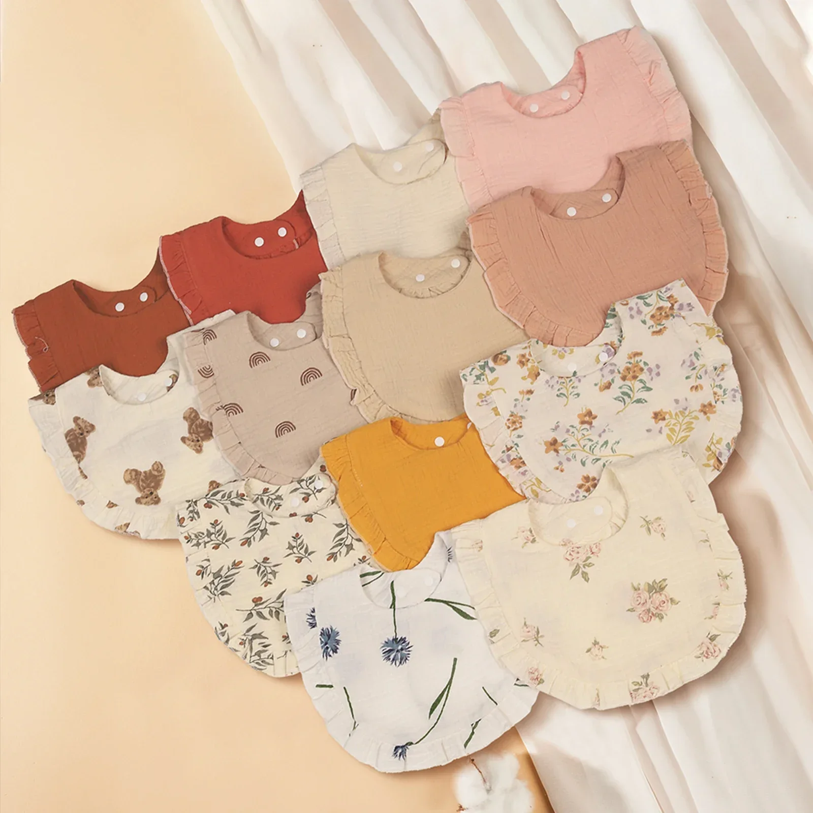 New Ruffled Edge Muslin Cotton Baby lace Bibs Hair Bows Girls Headbands Flower Print Saliva Towel Feeding Burp Cloths Scarf - Image 4