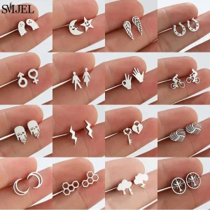 New Stainless Steel Geometric Stud Earrings for Women Girls Fashion Star Moon Skull Earring Lock Cloud Lightning Studs Jewelry
