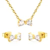 New Trendy Stainless Steel Cubic Zirconia Bowknot Pendants Necklace Earring Sets For Women Delicate Bling Sweet CZ Jewelry Gifts