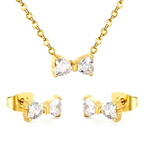 New Trendy Stainless Steel Cubic Zirconia Bowknot Pendants Necklace Earring Sets For Women Delicate Bling Sweet CZ Jewelry Gifts