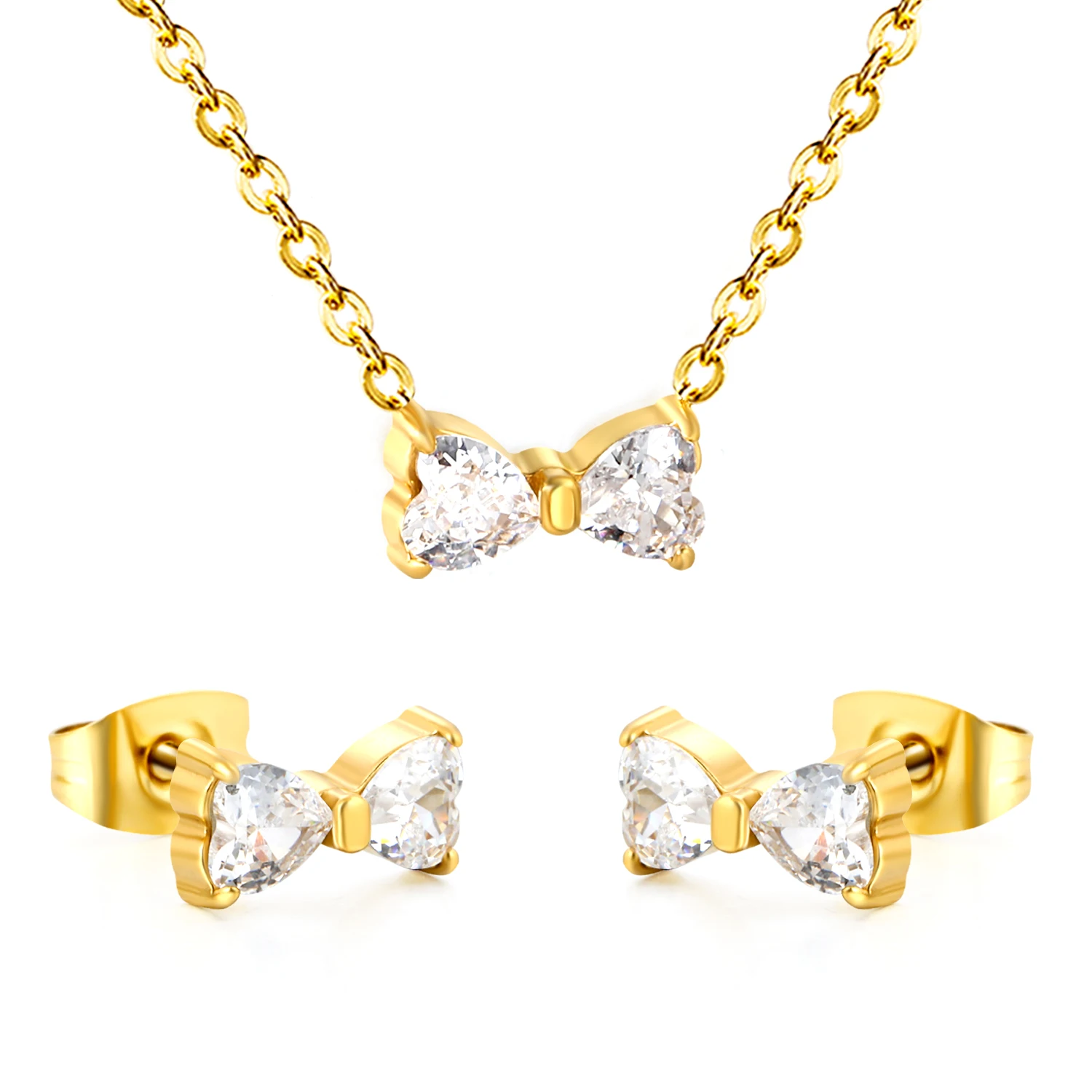 New Trendy Stainless Steel Cubic Zirconia Bowknot Pendants Necklace Earring Sets For Women Delicate Bling Sweet CZ Jewelry Gifts