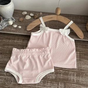 New White Bow Decoration Kids Tops+Triangle Shorts Set Summer Thin Baby Vest Sleeveless Loungewear Set for Girls Suit 0-3Y