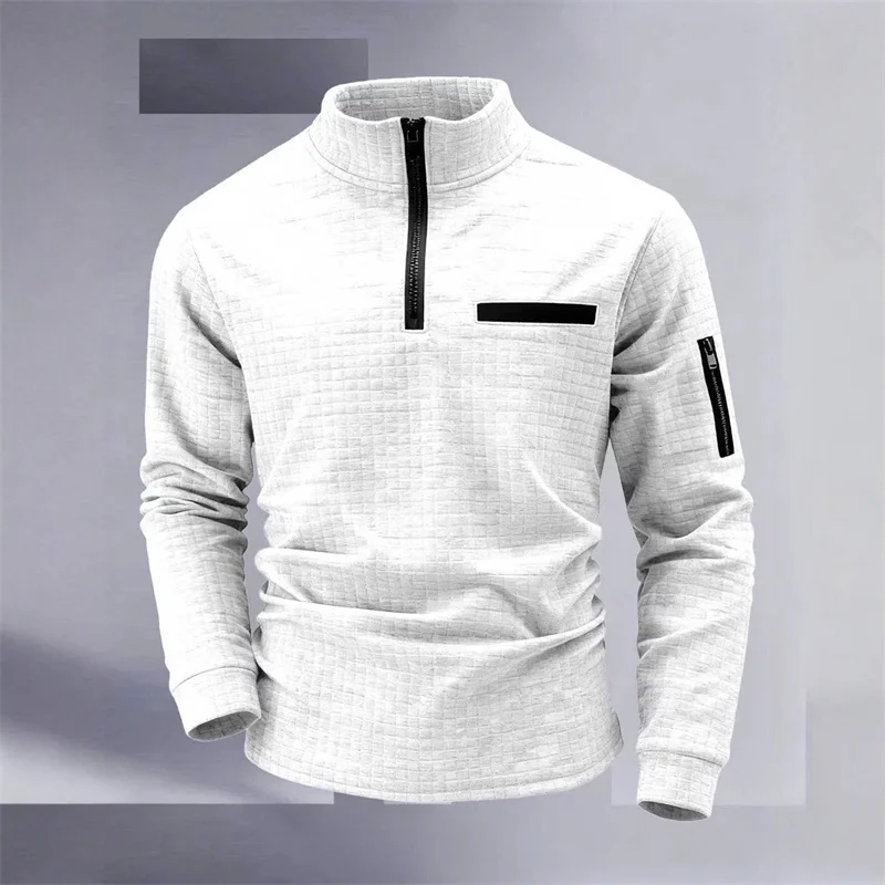 New men's athletic polo shirt, vintage striped design with half-zip closure, slim fit, stylish outdoor long-sleeved casual top. - Image 2