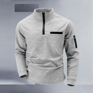 New men's athletic polo shirt, vintage striped design with half-zip closure, slim fit, stylish outdoor long-sleeved casual top.