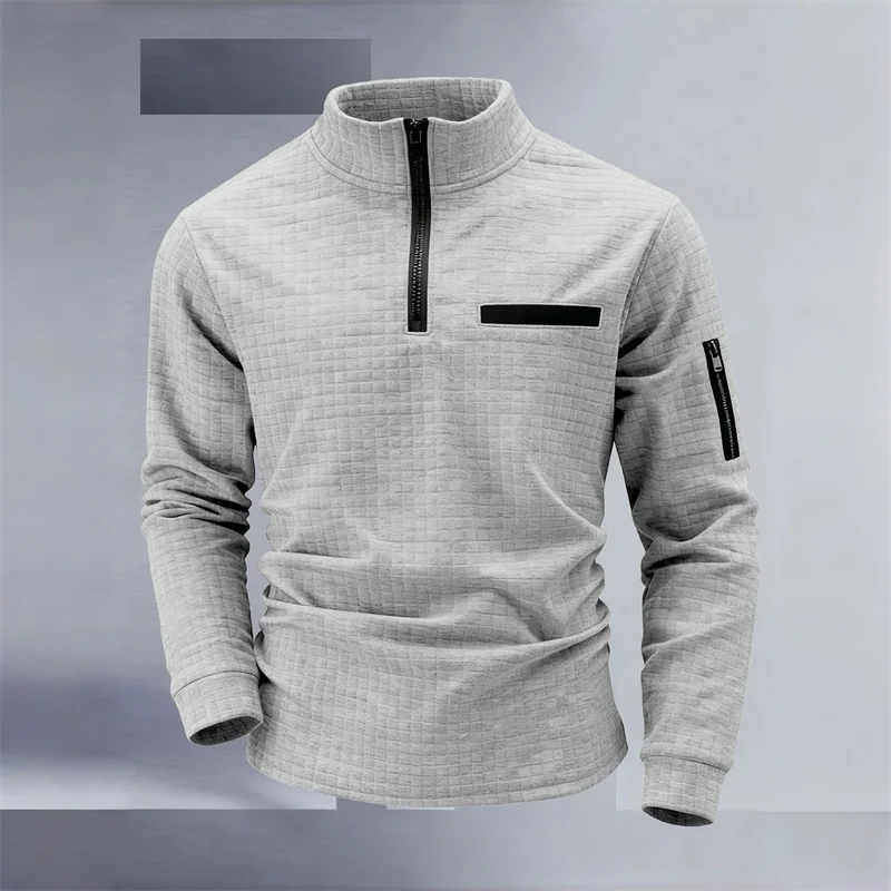 New men's athletic polo shirt, vintage striped design with half-zip closure, slim fit, stylish outdoor long-sleeved casual top.