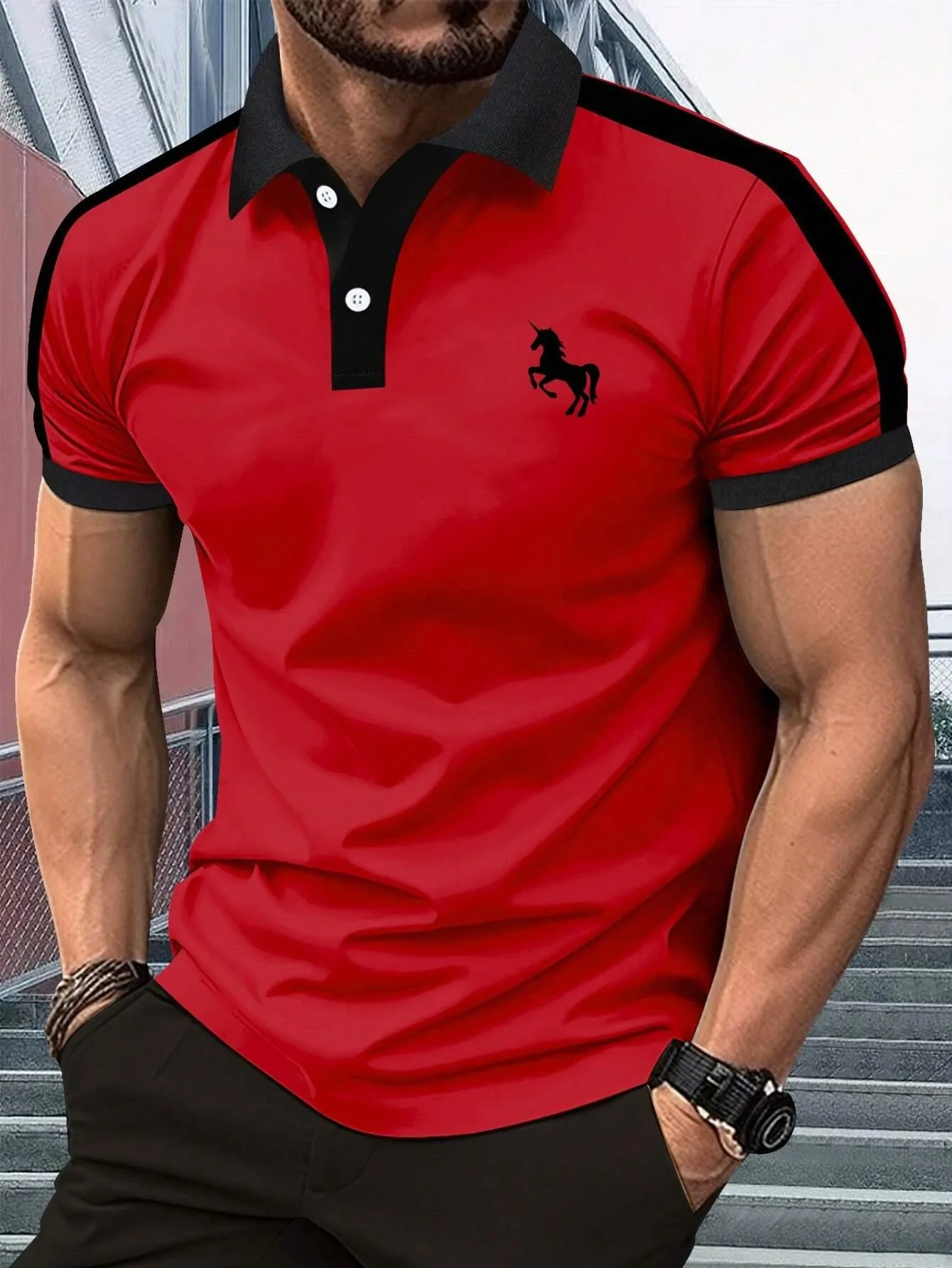New men's summer training striped print comfortable breathable polo short sleeved T-shirt outdoor urban casual top - Image 2