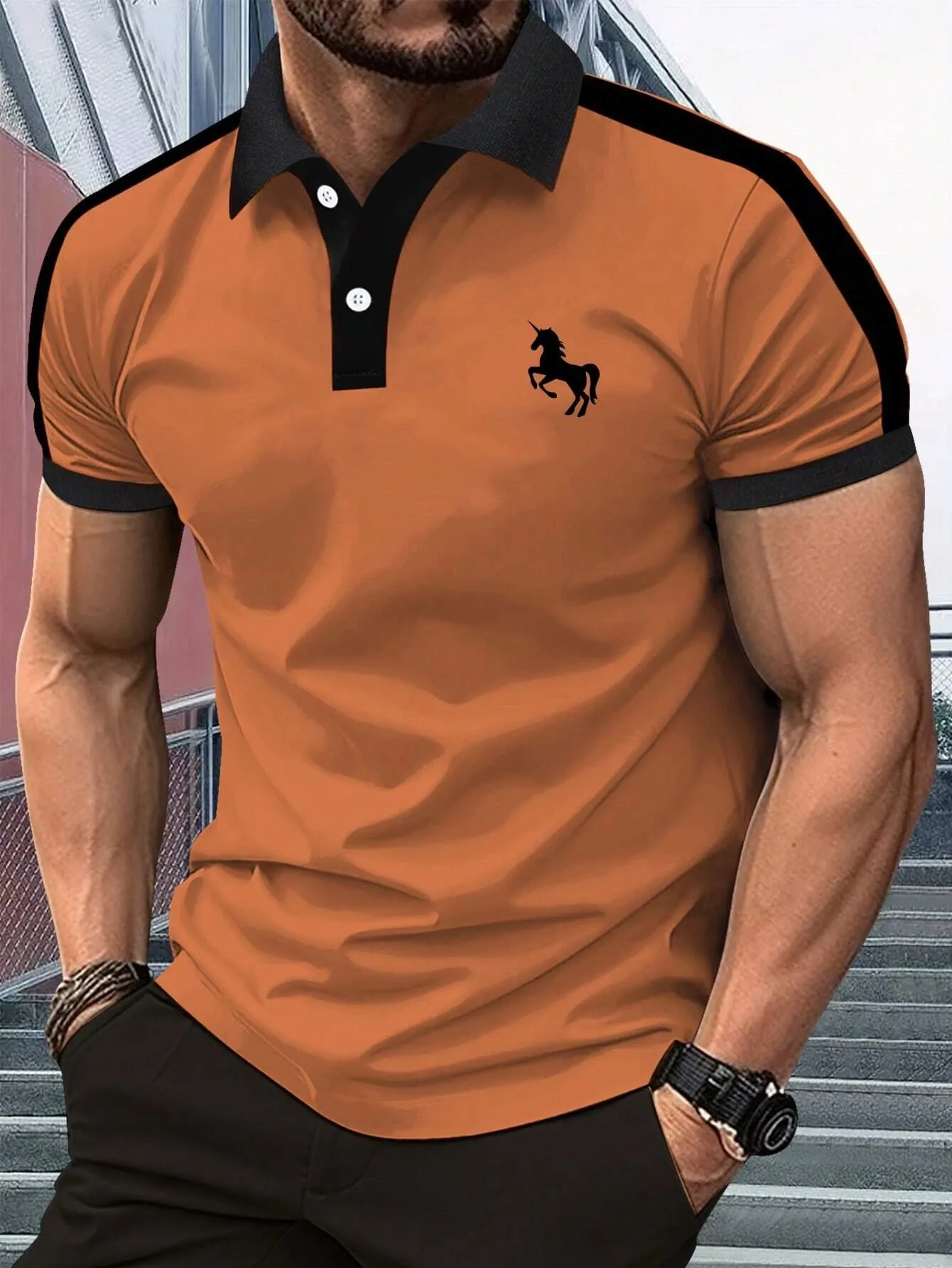 New men's summer training striped print comfortable breathable polo short sleeved T-shirt outdoor urban casual top - Image 3