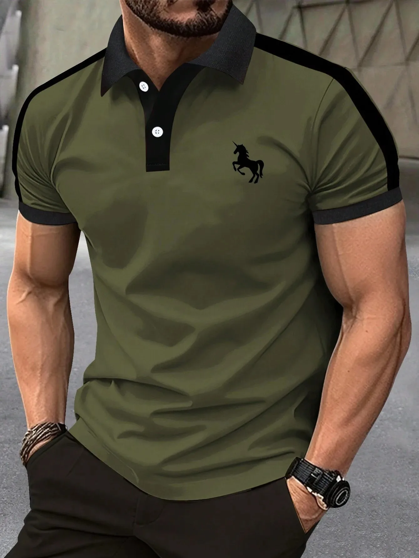 New men's summer training striped print comfortable breathable polo short sleeved T-shirt outdoor urban casual top