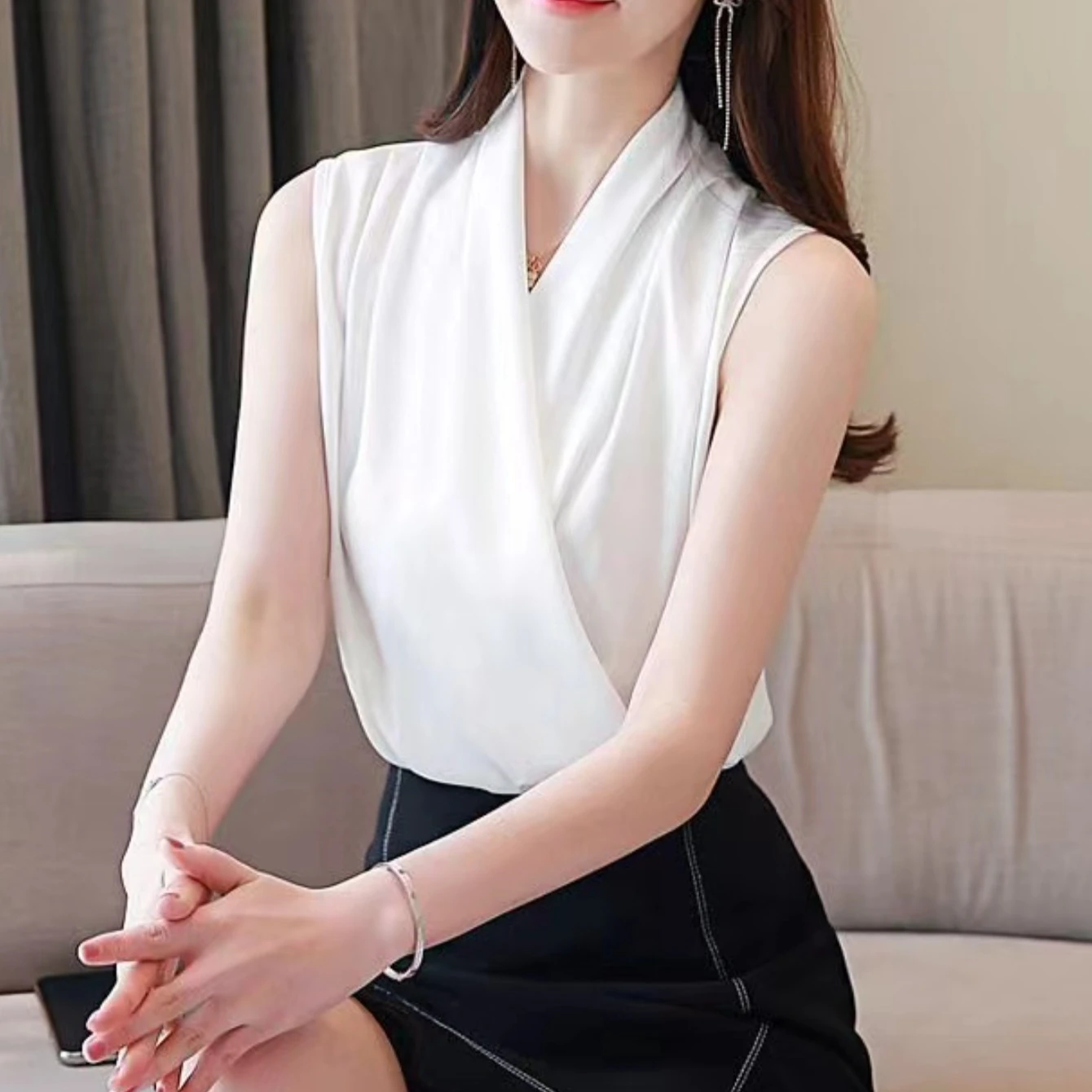 New smooth satin vest female sleeveless blouse V-neck top Slim fit outside wearing a small blouse shirt - Image 4