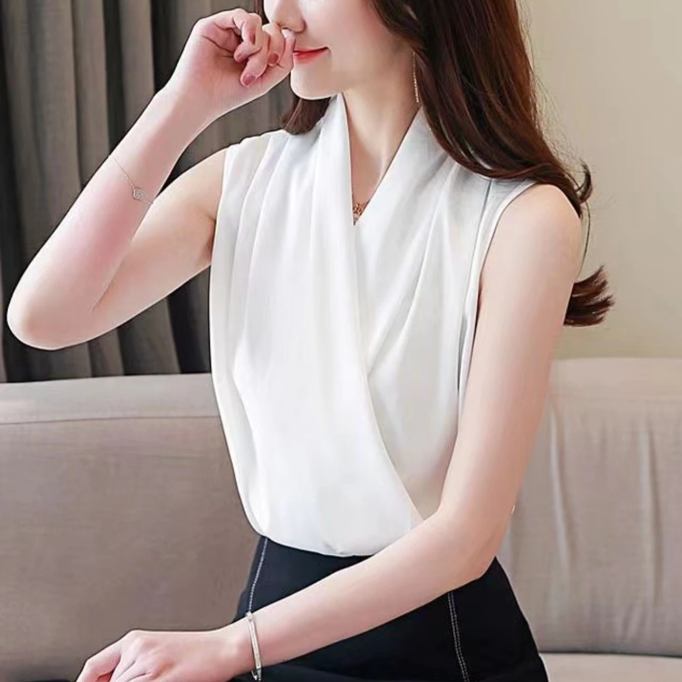 New smooth satin vest female sleeveless blouse V-neck top Slim fit outside wearing a small blouse shirt - Image 3