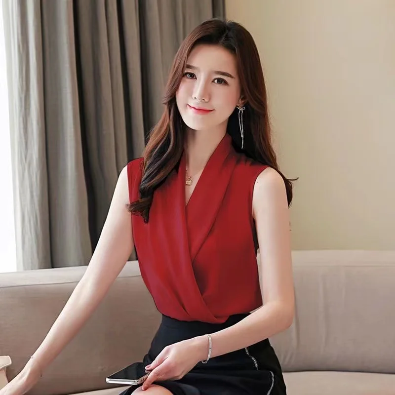New smooth satin vest female sleeveless blouse V-neck top Slim fit outside wearing a small blouse shirt - Image 5