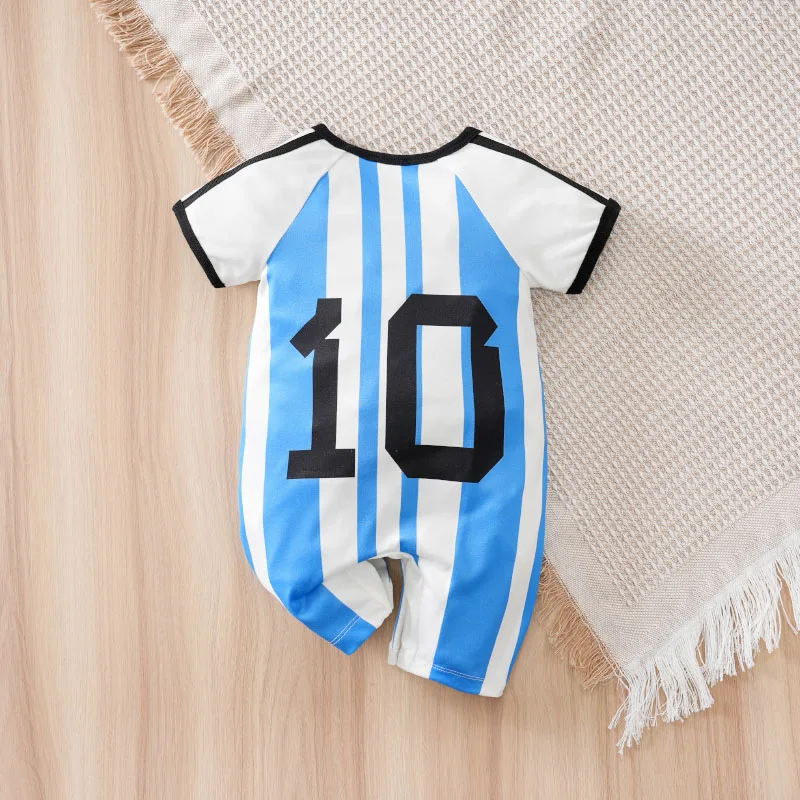 Newborn Baby Clothes Blue and white striped No.10 Football suit 0 3 6 9 12 Months summer short-sleeved Go out take baby jumpsuit - Image 2