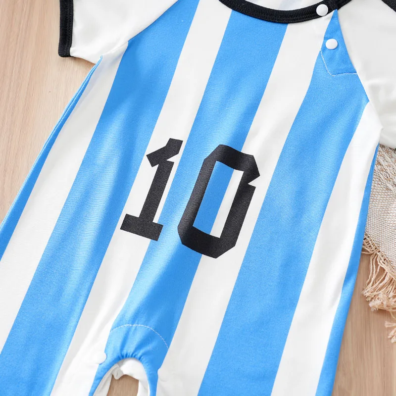 Newborn Baby Clothes Blue and white striped No.10 Football suit 0 3 6 9 12 Months summer short-sleeved Go out take baby jumpsuit - Image 4