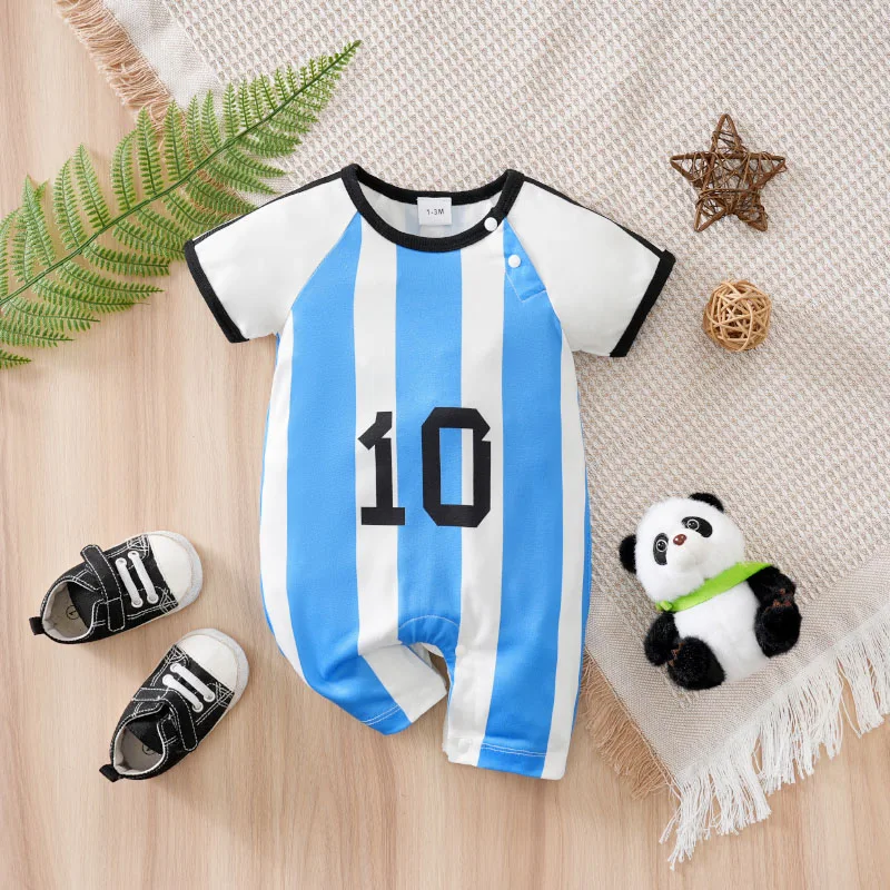 Newborn Baby Clothes Blue and white striped No.10 Football suit 0 3 6 9 12 Months summer short-sleeved Go out take baby jumpsuit