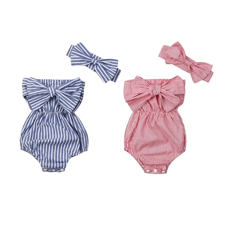 Newborn Baby Girl Bow Striped Bodysuit Jumpsuit Headband 2Pcs Toddler Kids Summer Outfit Rompers Playsuit Cotton Holiday Sunsuit - Image 2