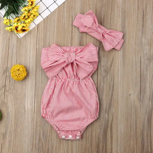 Newborn Baby Girl Bow Striped Bodysuit Jumpsuit Headband 2Pcs Toddler Kids Summer Outfit Rompers Playsuit Cotton Holiday Sunsuit - Image 4
