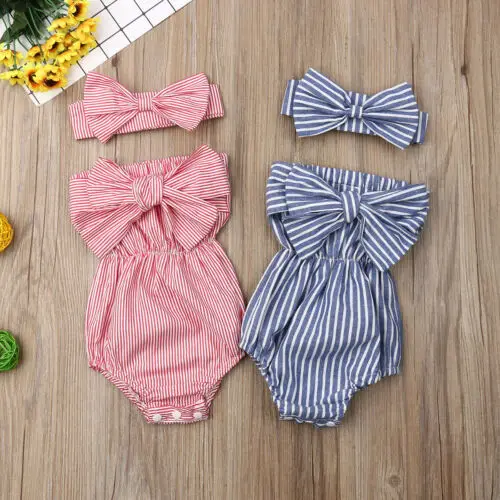 Newborn Baby Girl Bow Striped Bodysuit Jumpsuit Headband 2Pcs Toddler Kids Summer Outfit Rompers Playsuit Cotton Holiday Sunsuit - Image 3